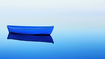 Poster - A serene blue boat drifts peacefully on still waters, surrounded by a soft, blurred backdrop, perfect for relaxation.