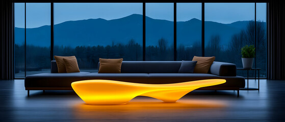 Modern living room with a unique glowing coffee table and large windows showcasing mountain views.