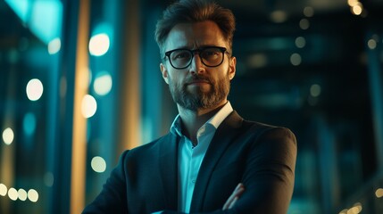 confident businessman in suit and glasses standing with arms crossed in modern office setting, showc