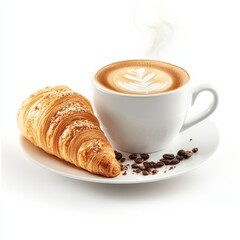 Delicious croissant and steaming latte coffee on a white plate, perfect for breakfast or a coffee break.