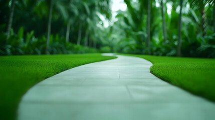 Winding pathway surrounded by lush greenery, leading through a serene and tranquil landscape.