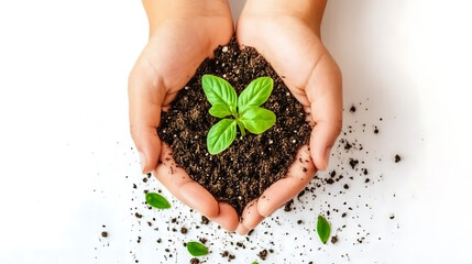 Hands holding soil with young seedling
