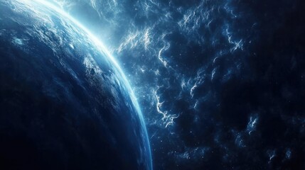 Wall Mural - earth atmosphere glowing faintly in space, with its blue surface and swirling clouds illuminated by 