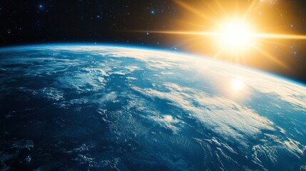 Wall Mural - earth atmosphere glowing in the sunlight, with the planet blue and green surface stretching below