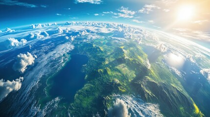 Wall Mural - earth blue and green surface glowing under the bright sunlight, with swirling clouds forming over th