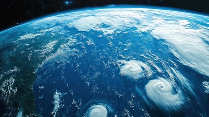 Wall Mural - earth blue and green surface glowing under the bright sunlight, with swirling clouds forming over th