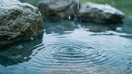 A close-up of rain falling on a smooth rock surface, creating gentle ripples.