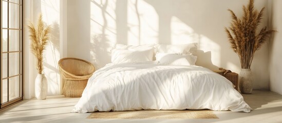 Wall Mural - Minimalist bedroom with white bed linens, natural light and pampas grass.