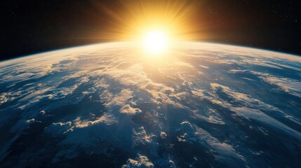 Wall Mural - earth surface glowing brightly from space, with the sun casting light over the oceans, land, and clo