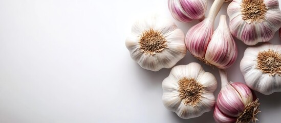 Wall Mural - Close up of garlic cloves, a couple with pink stripes, on a white surface.