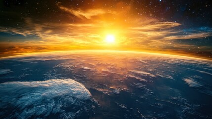 Wall Mural - earth surface glowing brightly from space, with the sun casting light over the oceans, land, and clo