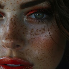 Canvas Print - Close-up Portrait of a Woman with Red Lipstick and Freckles