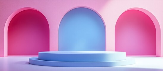 Wall Mural - Minimalist blue and pink archways with podium for product display.