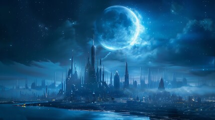 Wall Mural - futuristic city bathed in the ethereal glow of a large, blue moon and surrounded by a starry night s