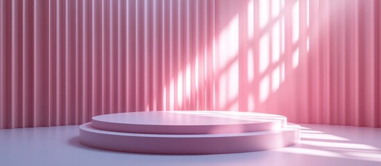 Canvas Print - Minimalist pink platform with sun light and a pink curtain background.