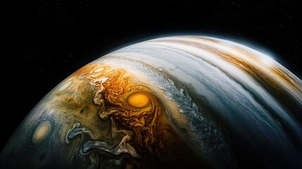 Wall Mural - jupiter swirling cloud systems seen from space, with the planet vibrant colors and massive storm sys