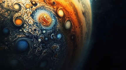 Wall Mural - jupiter swirling cloud systems seen from space, with the planet vibrant colors and massive storm sys
