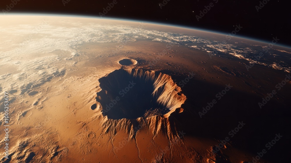 Mars Space View Mars as seen from orbit, displaying its deep canyons, impact craters ...