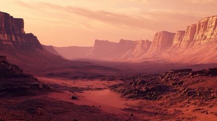 Mars rugged landscape with rocky terrain, red sand dunes, and towering cliffs under the soft pink glow of the Martian sky