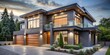 © prachaya - Modern two story house with gray and wood accents, large windows, parking space, and cozy light on a clear summer evening
