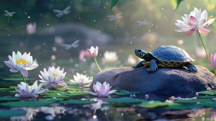 Poster - Serene Turtle on a Rock Amidst Water Lilies