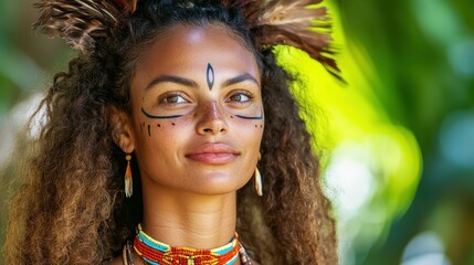 A confident woman adorned with striking tribal markings looks ahead, immersed in the beauty of her natural surroundings.