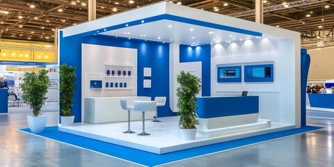 modern exhibition booth with blue and white design, sleek furniture, and indoor plants at a trade sh