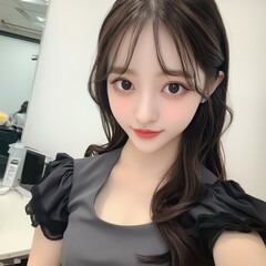 Sticker - A cheerful yearold girl flaunts a KPop vibe with dark brown wavy hair and a stylish gray dress in a chic salon setting.