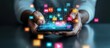 © MBRAMO - Person holding a smartphone with social media icons floating above.