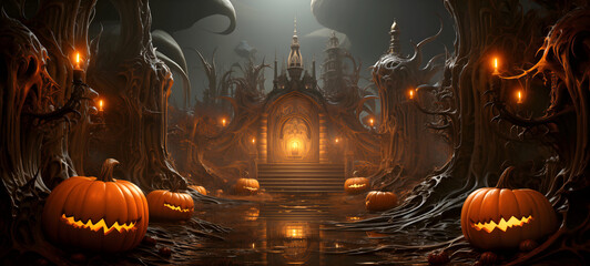 Wall Mural - Halloween in sci-fi gothic style, a dark fantasy realm, orange pumpkins, evil creatures, modern surrealistic ambience, futuristic mysterious atmosphere. Unique background for invitation card, banner. 