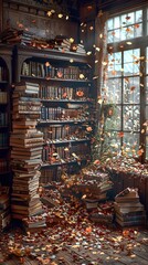 Canvas Print - Autumn Leaves in a Cozy Library: A Still Life