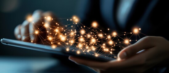Person's hands holding a digital tablet with glowing network connection lines.