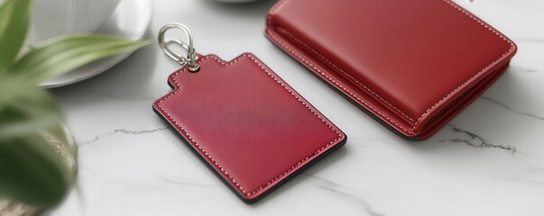 A personalized travel accessory set, including a customprinted luggage tag and passport holder, shown in an elegant travel setting