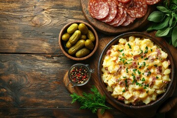 Wall Mural - German Potato Salad with Salami, Pickles, and Herbs on Wooden Background