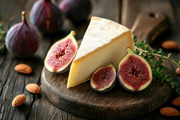 Poster - Brie Cheese, Figs, and Almonds on a Wooden Board