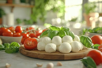 Wall Mural - Fresh Mozzarella Cheese, Tomatoes, and Basil on a Wooden Cutting Board