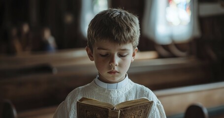 Young Boy Reading an Ornate Book in a Church Setting