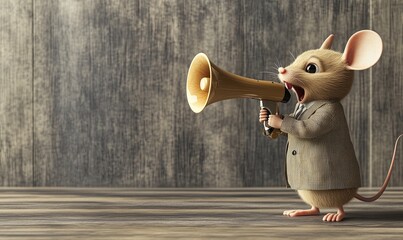 A cute cartoon mouse in a business suit holds a megaphone and shouts.