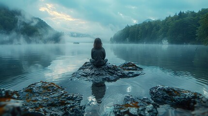 Wall Mural - Tranquil Lake with Fog and Mountains - Serenity in Nature