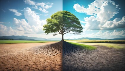 Wall Mural - stunning contrast of barren drought-stricken land and lush vibrant nature divided by a flourishing tree, showcasing a striking oasis landscape