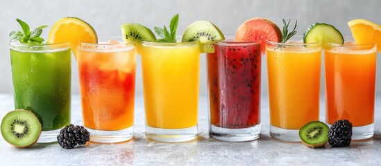 Canvas Print - Six glasses of colorful refreshing fruit juice drinks with garnish.