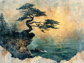 Poster - Sunset Over the Ocean with a Lone Tree on a Cliff