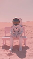 Wall Mural - A lone astronaut sits on a pink bench in a desolate, pink landscape.