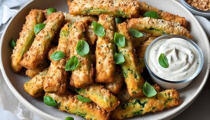 Wall Mural - Crispy Fried Zucchini Sticks Paired with Creamy Ranch Dip for an Irresistible Snack Experience