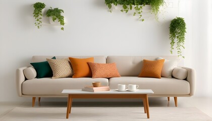 Wall Mural - Cozy living room with inviting couch, stylish coffee table, and serene touches of books and coffee