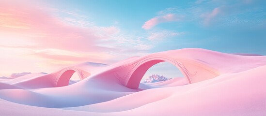 Wall Mural - Two archways in a pink landscape with a blue and pink sky.