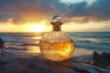 Wall Mural - A golden transparent perfume bottle with drops on a log. Close-up. In the background, the ocean and cloudy sunset sky. Bottom view. Concept of International Fragrance Day. with generative ai