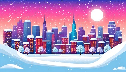 Wall Mural - Charming Minimalistic Winter Wonderland in a Snowy Cartoon Cityscape