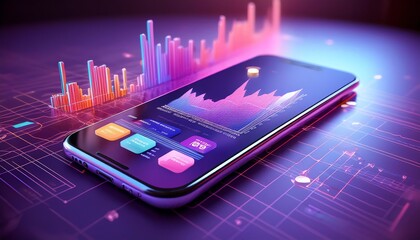 a smartphone displays vibrant data visualizations, showcasing graphs and colorful metrics, set again