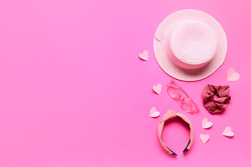 Wall Mural - Hat with eyeglasses, hair accessories and hearts on pink background. Valentine's Day celebration